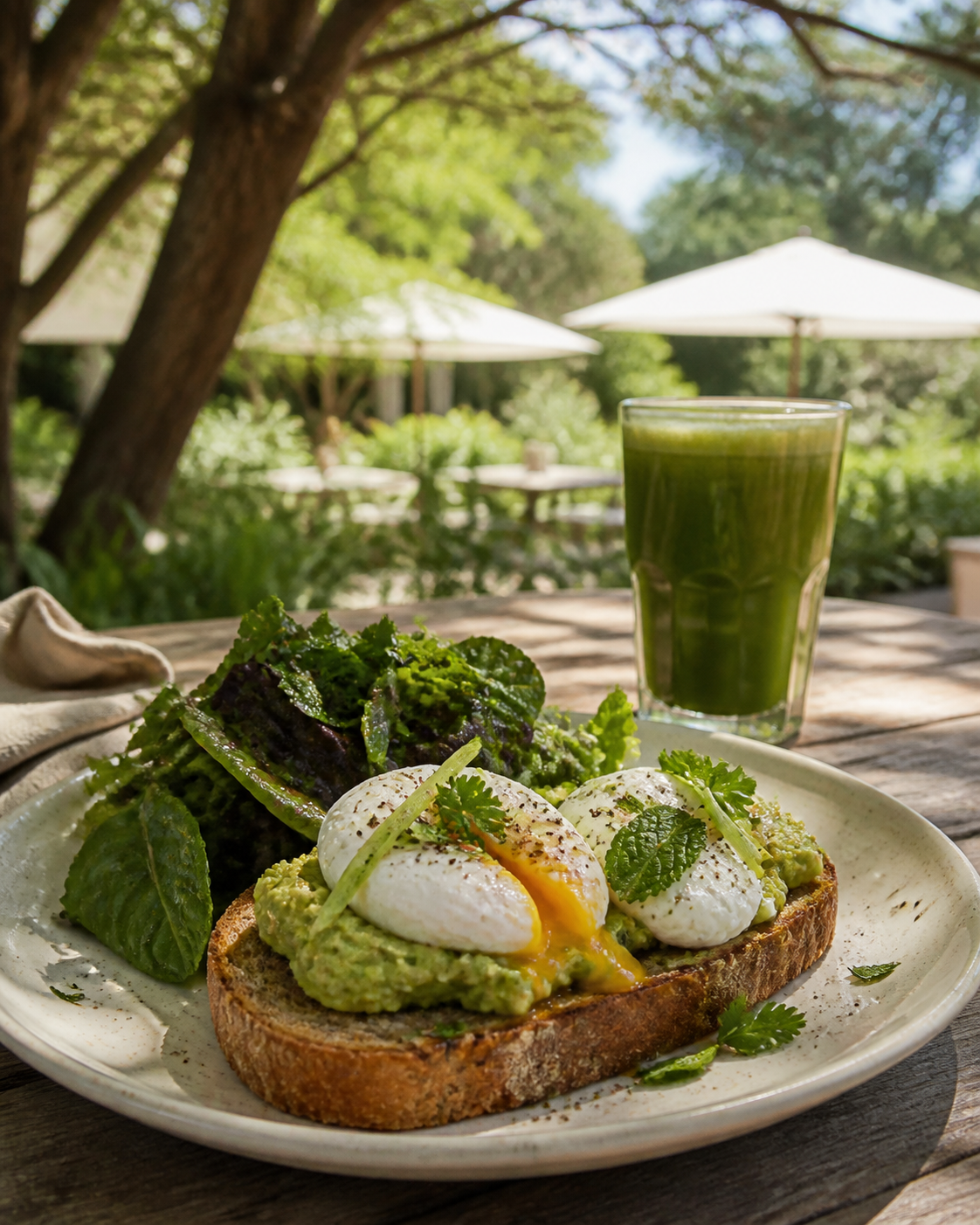 Brunch with eggs, avocado and fresh juice