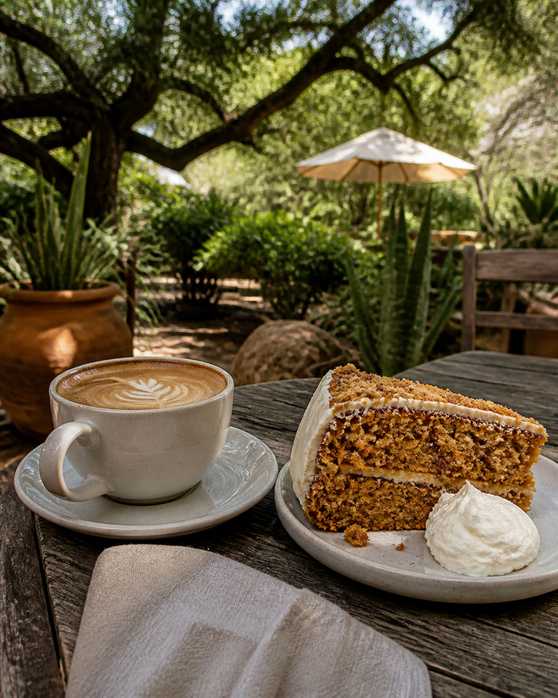 Coffee and carrot cake on a garden table
